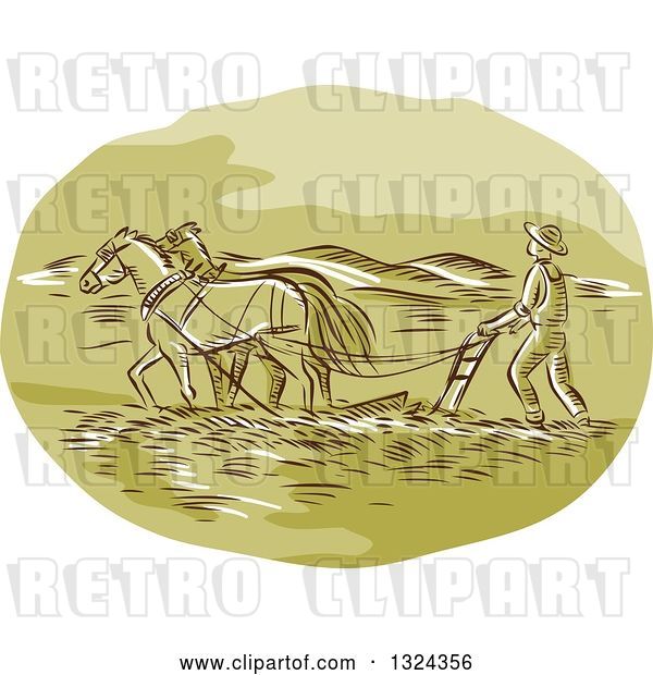 Vector Clip Art of Retro Engraved or Sketched Farmer and Horse Powing a Field