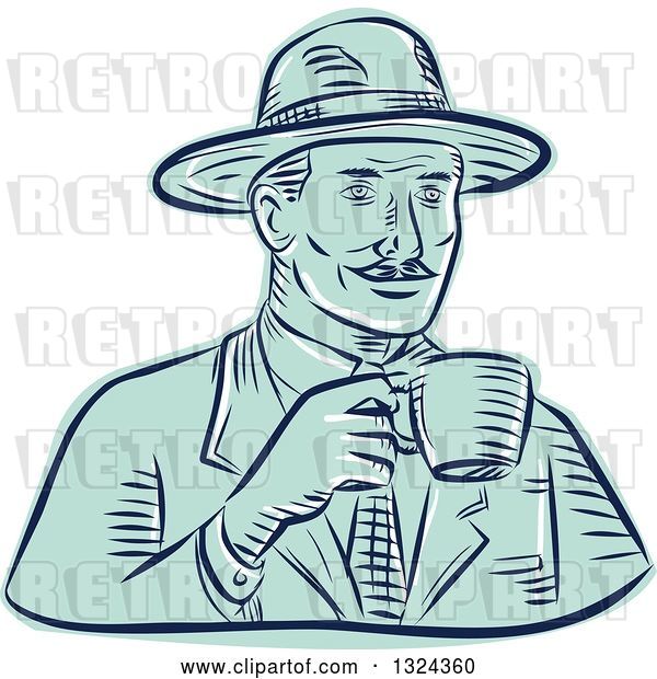 Vector Clip Art of Retro Engraved or Sketched Guy in a Fedora Hat, Drinking Coffee