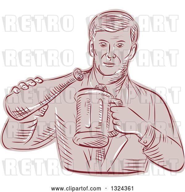 Vector Clip Art of Retro Engraved or Sketched Guy Pouring Beer into a Mug