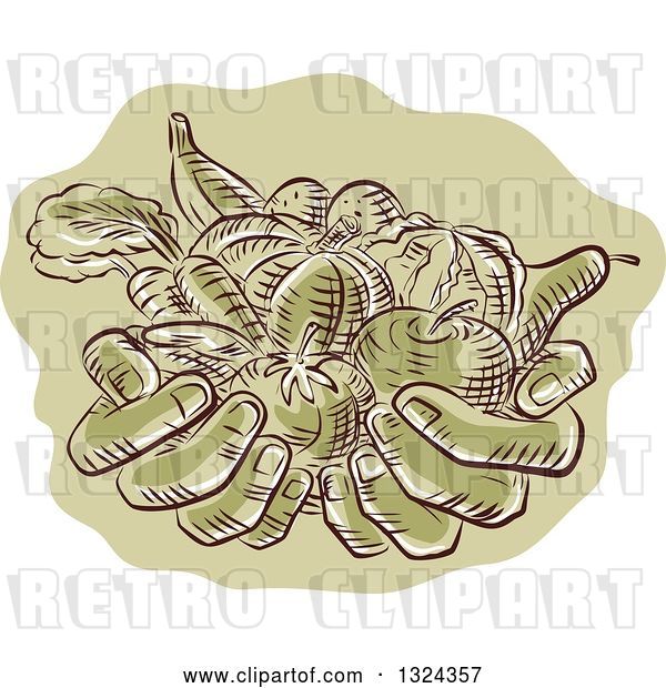 Vector Clip Art of Retro Engraved or Sketched Hands Holding Produce