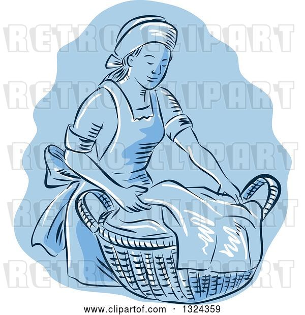 Vector Clip Art of Retro Engraved or Sketched Maid Carrying a Basket of Laundry over Blue