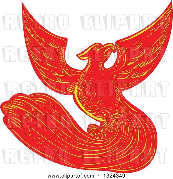 Vector Clip Art of Retro Engraved or Sketched Phoenix Bird Rising