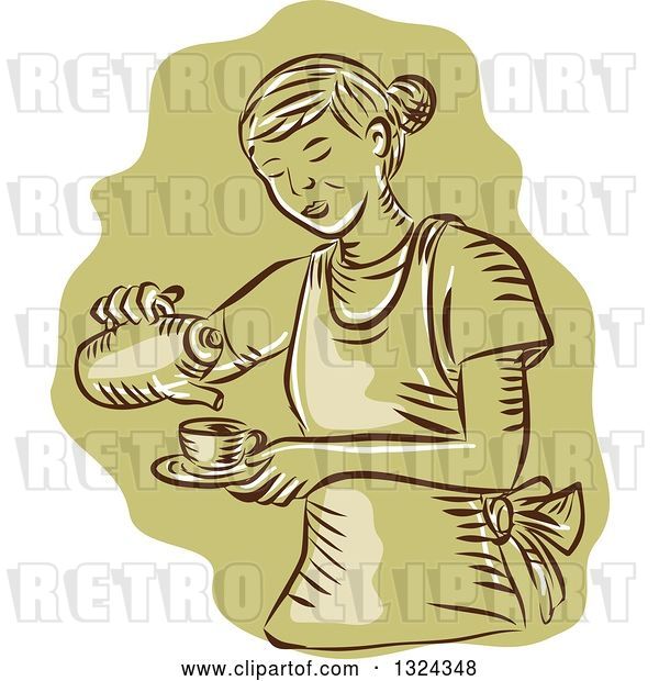 Vector Clip Art of Retro Engraved or Sketched Waitress Pouring Tea into a Cup, over Green