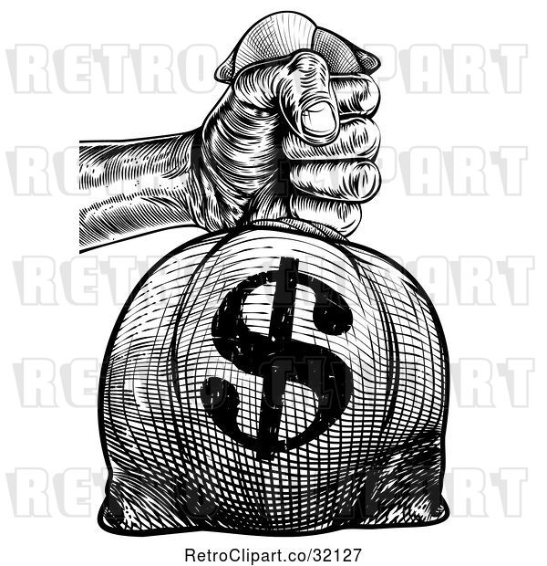 Vector Clip Art of Retro Engraved or Woodcut Styled Hand Holding out a Burlap USD Money Bag Sack to Pay Taxes