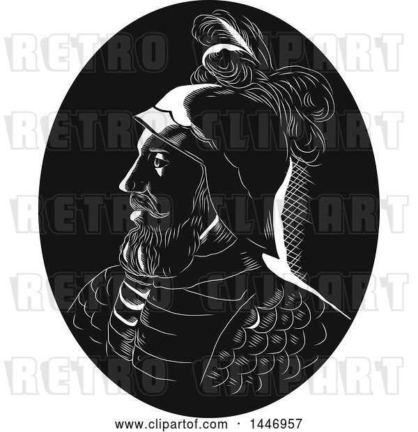 Vector Clip Art of Retro Engraved or Woodcut Styled Profile Bust Portrait of Vasco Nunez De Balboa, Spanish Explorer, in a