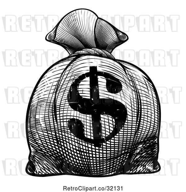 Vector Clip Art of Retro Engraved or Woodcut Styled USD Burlap Money Bag Sack