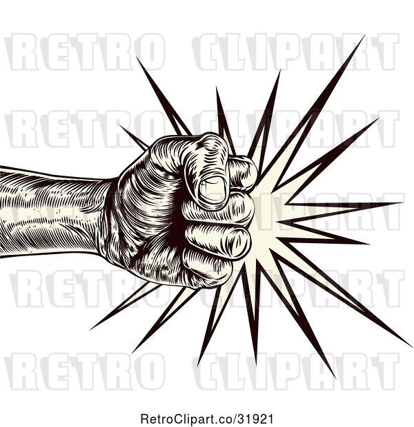 Vector Clip Art of Retro Engraved Punching Fist Making Impact
