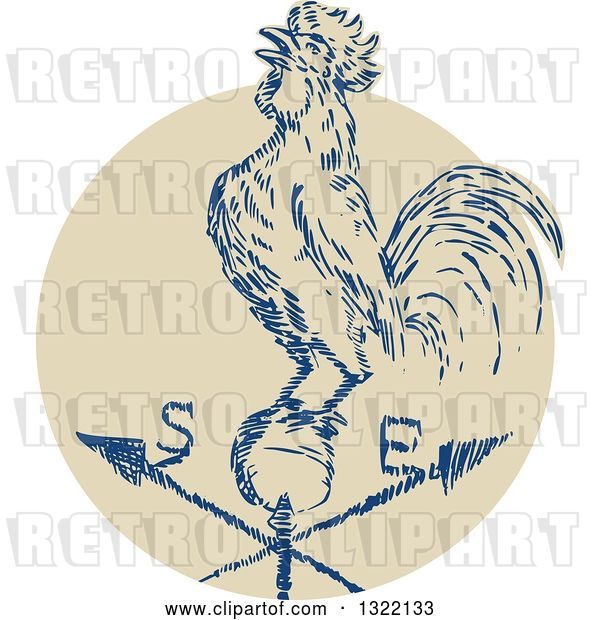 Vector Clip Art of Retro Engraved Rooster Crowing on a Weather Vane