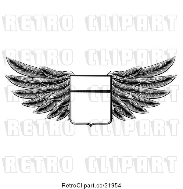 Vector Clip Art of Retro Engraved Woodcut Winged Shield Insignia