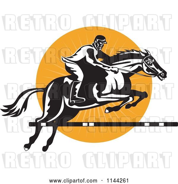 Vector Clip Art of Retro Equestrian on a Leaping Horse over an Orange Circle 1