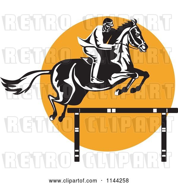 Vector Clip Art of Retro Equestrian on a Leaping Horse over an Orange Circle 2