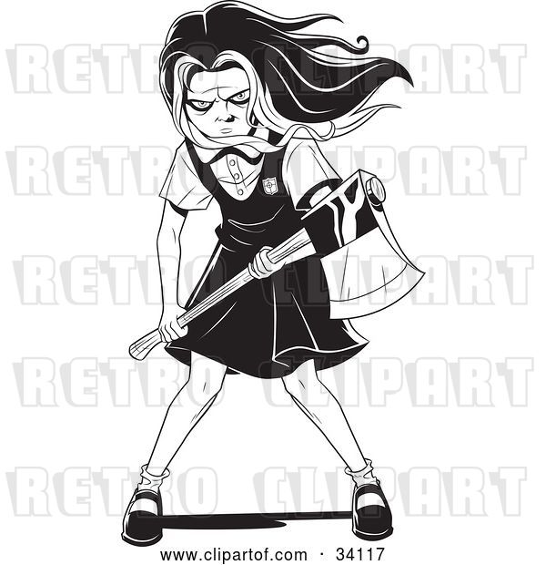 Vector Clip Art of Retro Evil Young School Girl with Her Hair Waving in the Wind, Holding an Axe and Prepared to Kill