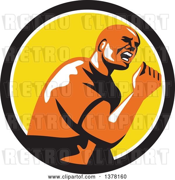 Vector Clip Art of Retro Excited Guy Doing a Fist Pump in a Black White and Yellow Circle