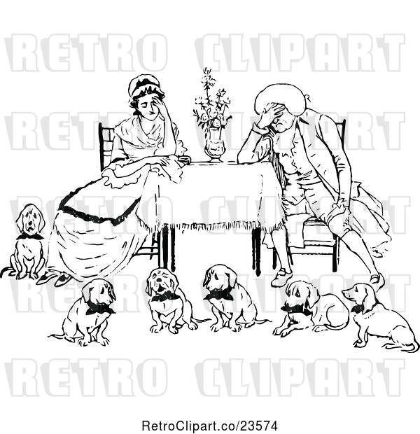 Vector Clip Art of Retro Exhausted Couple with Six Dogs