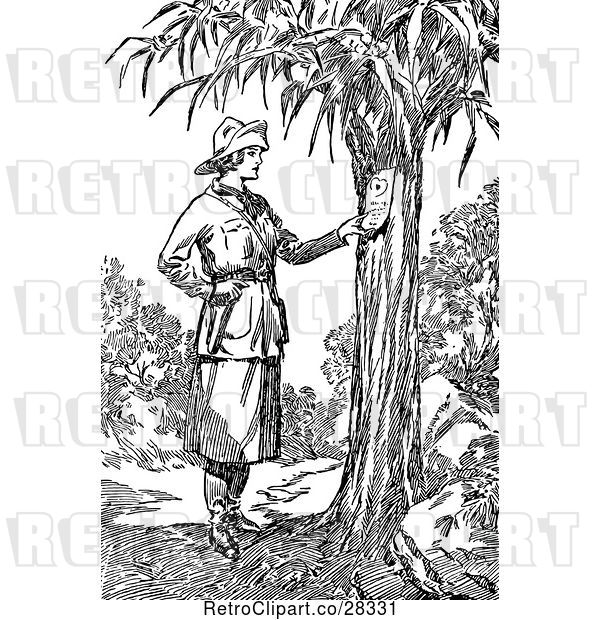 Vector Clip Art of Retro Explorer Lady Reading a Note on a Tree
