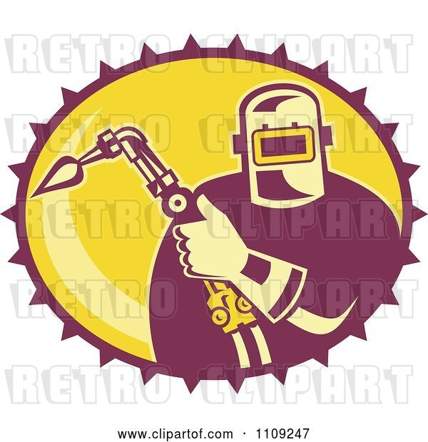 Vector Clip Art of Retro Fabricator Holding a Welding Torch in a Yellow Oval