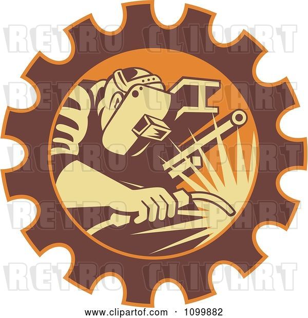 Vector Clip Art of Retro Fabricator Welder Working in a Gear Cog