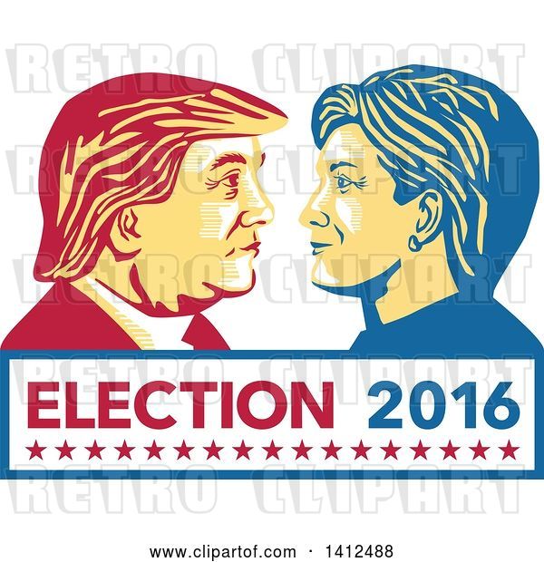 Vector Clip Art of Retro Face off Between Hillary Clinton and Donald Trump over Text