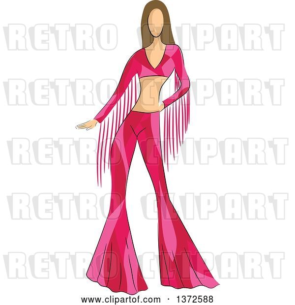 Vector Clip Art of Retro Faceless White Female Model Wearing a Pink 70s Styled Shirt and Bell Bottoms