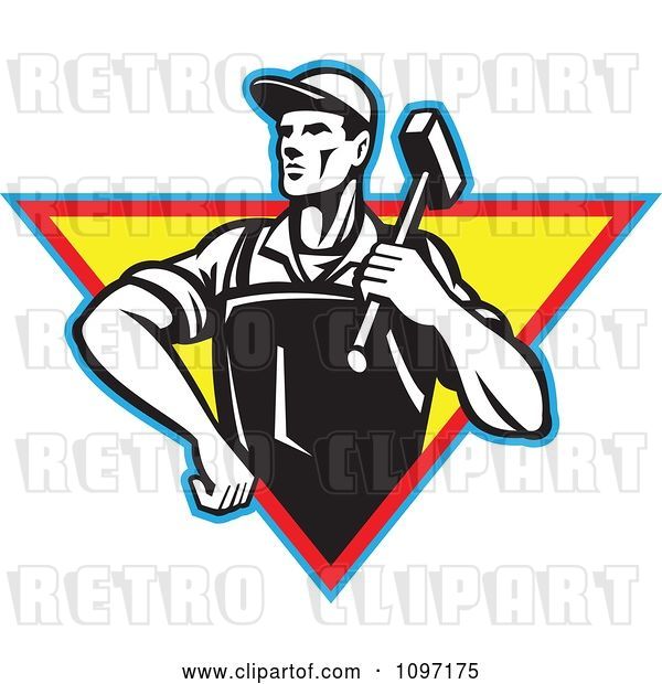Vector Clip Art of Retro Factory Blacksmith Worker Carrying a Hammer over a Traingle