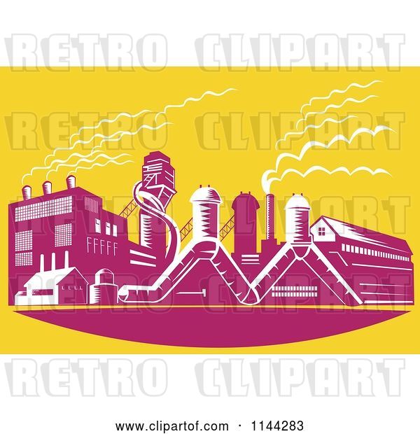 Vector Clip Art of Retro Factory Plant Building over Yellow