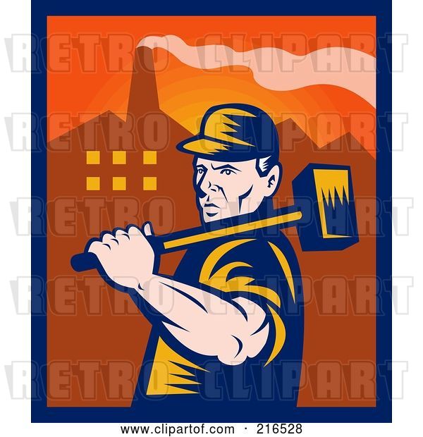 Vector Clip Art of Retro Factory Worker Carrying a Sledgehammer