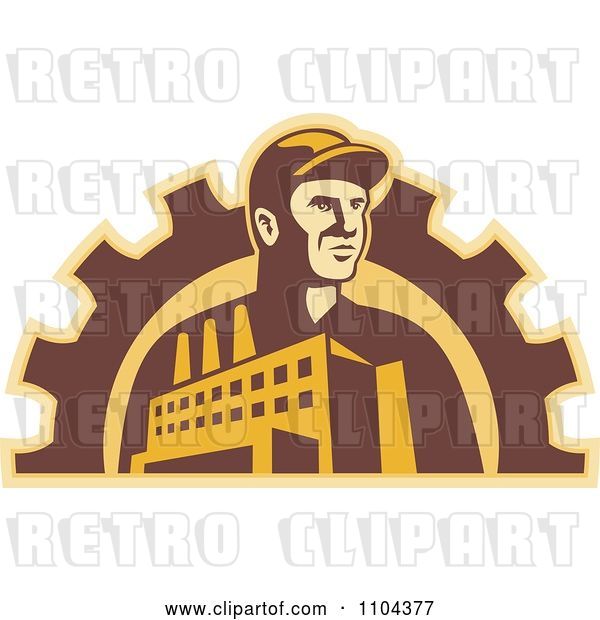 Vector Clip Art of Retro Factory Worker Guy with a Building and Gear Cog