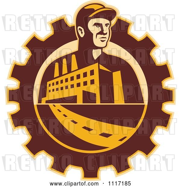 Vector Clip Art of Retro Factory Worker Mechanic in a Gear with a Building and Road
