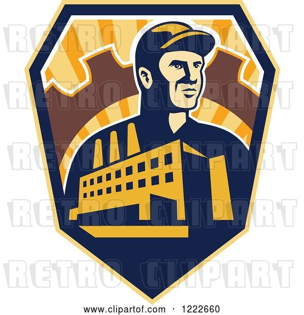 Vector Clip Art of Retro Factory Worker Mechanic in a Gear with a Building and Road over a Sunny Shield