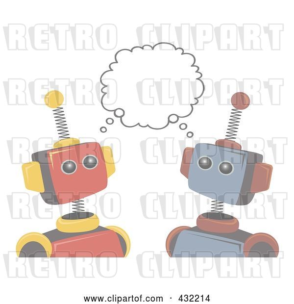 Vector Clip Art of Retro Faded Robots Sharing an Idea