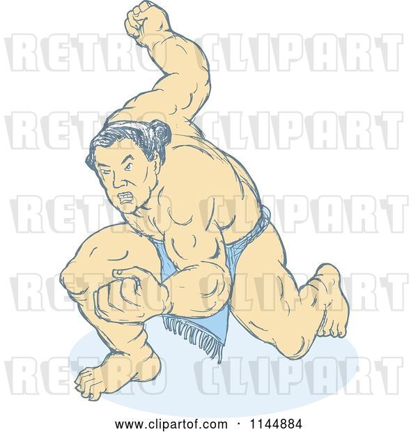 Vector Clip Art of Retro Faded Sumo Wrestler Holding up a Fist