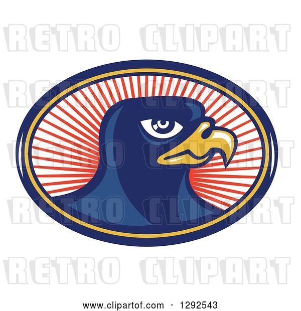 Vector Clip Art of Retro Falcon Head in a Blue Yellow and Red Oval of Rays