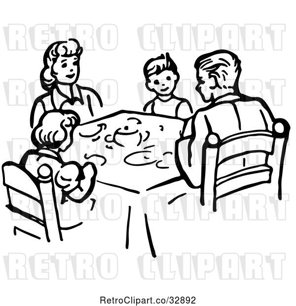 Vector Clip Art of Retro Family Eating Supper at a Table in