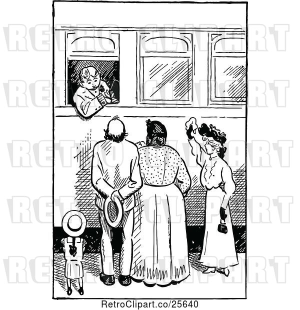 Vector Clip Art of Retro Family Saying Good Boy to a Boy at a Train Station