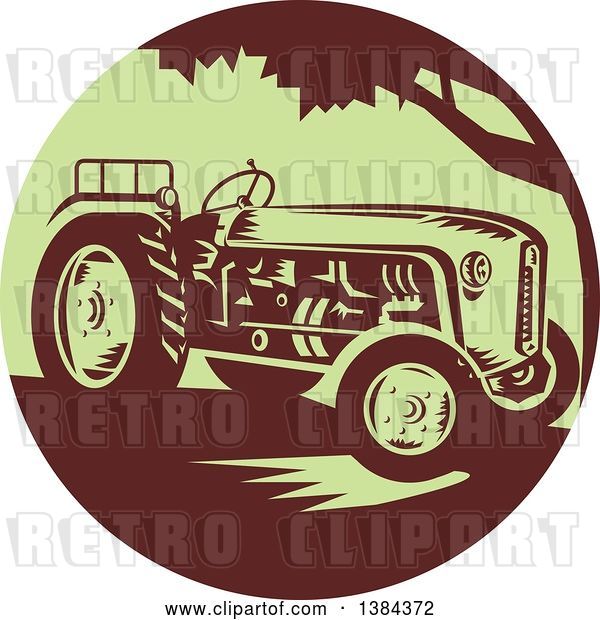 Vector Clip Art of Retro Farm Tractor in a Brown and Green Circle