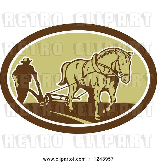 Vector Clip Art of Retro Farmer and Horse Plowing a Field in an Oval