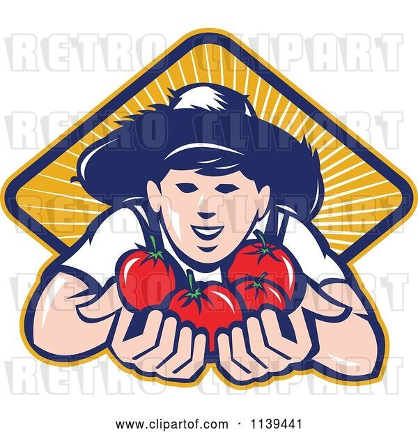Vector Clip Art of Retro Farmer Boy Holding out Tomatoes over a Diamond of Rays