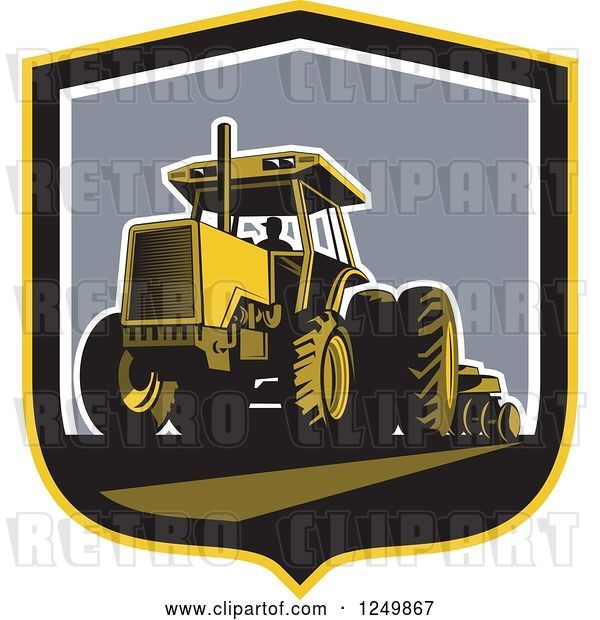 Vector Clip Art of Retro Farmer Operating a Plowing Tractor in a Shield