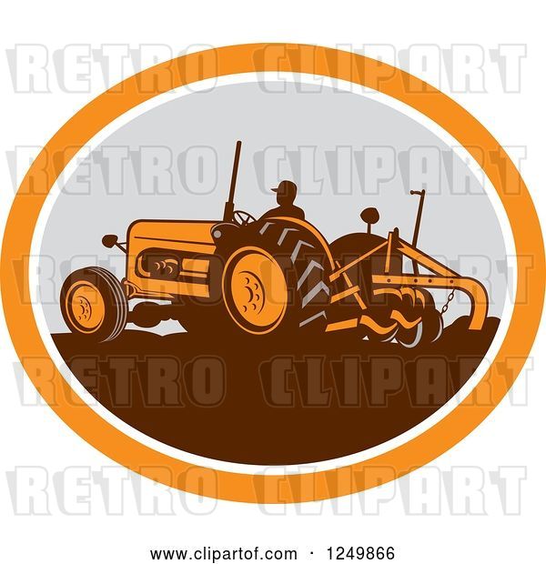 Vector Clip Art of Retro Farmer Operating a Plowing Tractor in an Orange and Gray Oval