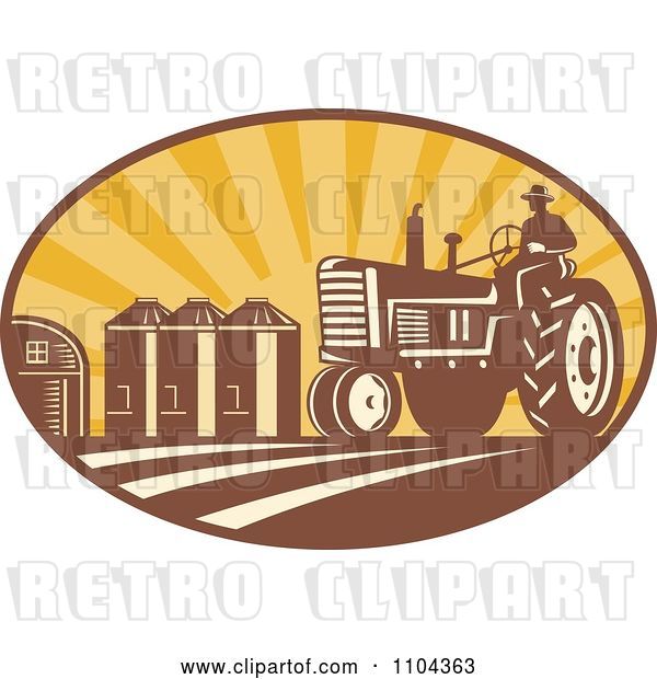 Vector Clip Art of Retro Farmer Operating a Tracter in a Crop with Silos in the Background