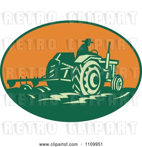 Vector Clip Art of Retro Farmer Operating a Tractor and Plowing a Field in an Orange Oval