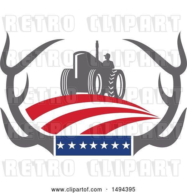 Vector Clip Art of Retro Farmer Operating a Tractor in Whitetail Deer Antlers with American Stars and Stripes