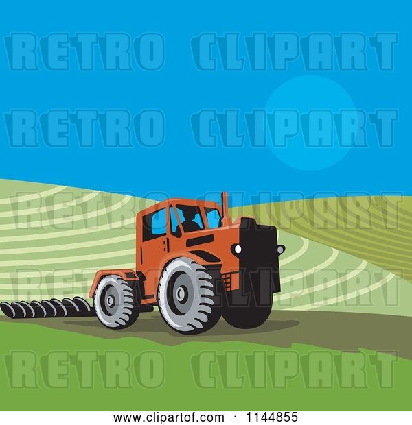 Vector Clip Art of Retro Farmer Operating a Tractor on a Field 1