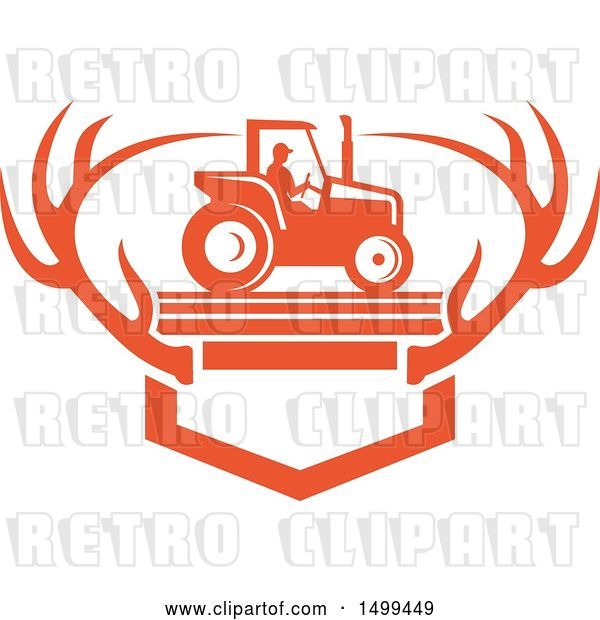 Vector Clip Art of Retro Farmer Operating a Tractor over Mounted White Tail Deer Antlers