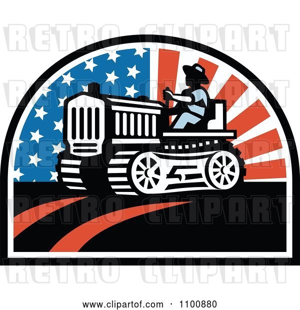 Vector Clip Art of Retro Farmer Operating a Tractor with American Stars and Stripes