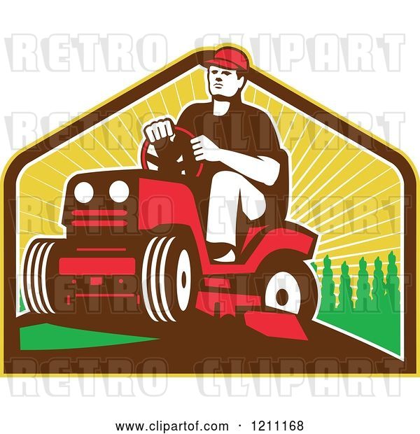 Vector Clip Art of Retro Farmer or Gardener Operating a Ride on Lawn Mower