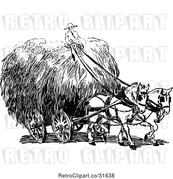 Vector Clip Art of Retro Farmer Riding on Hay in a Horse Drawn Cart