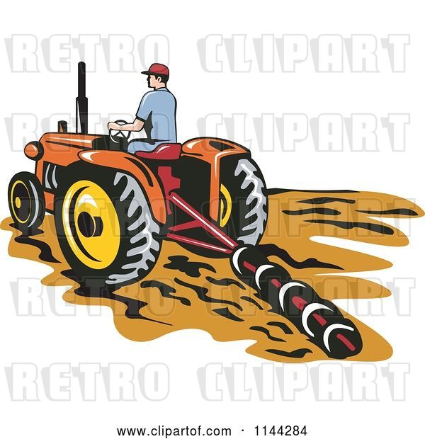 Vector Clip Art of Retro Farmer Tilling a Field with a Tractor
