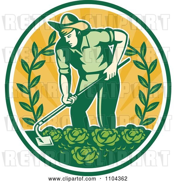 Vector Clip Art of Retro Farmer Working in a Cabbage Patch Crop over Orange Rays