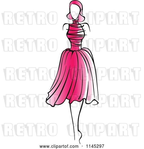 Vector Clip Art of Retro Fashion Model in a Pink Dress 2